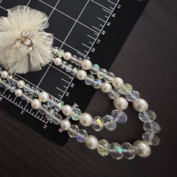 Statement Necklace White Faux Pearls and Clear AB Faceted Beads Tulle Flowers - Picture 8 of 9